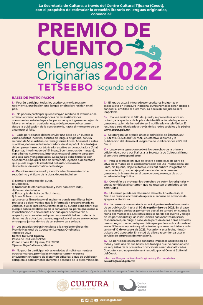 Premio de Cuento en Lenguas Originarias 2022 Tetseebo. Segunda edición