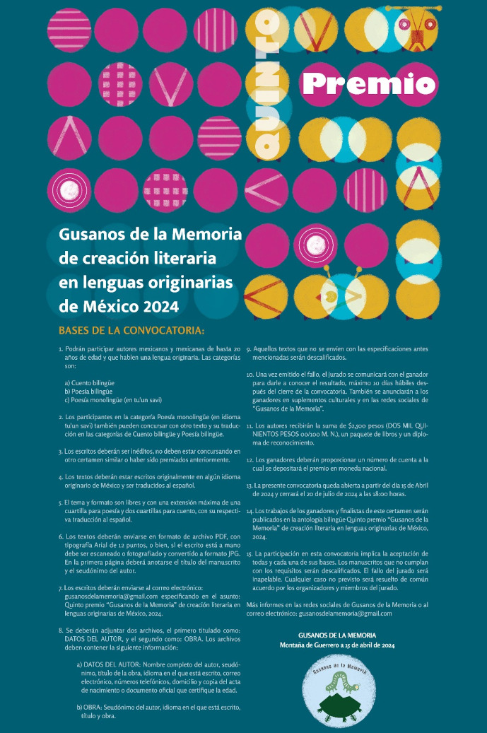 Quinto premio Gusanos de la memoria de creación literaria en lenguas originarias de México 2024